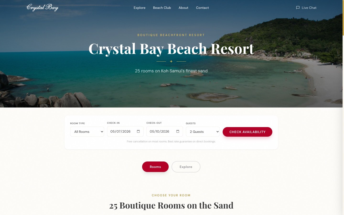 Crystal Bay Beach Resort website hero